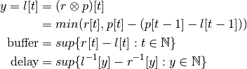 y=l[t] &= (r \otimes p)[t] \\
&= min( r[t] , p[t] - (p[t-1] - l[t-1]) )\\
\text{buffer}&= sup\{r[t] - l[t] : t \in \mathbb{N}\}\\
\text{delay} &= sup\{l^{-1}[y]-r^{-1}[y] : y \in \mathbb{N}\}